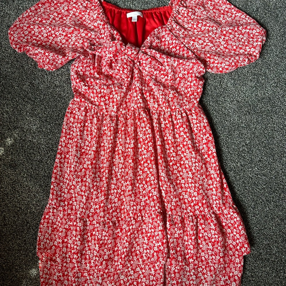 LC Lauren Conrad Red and White Smocked Puff Sleeve Sundress